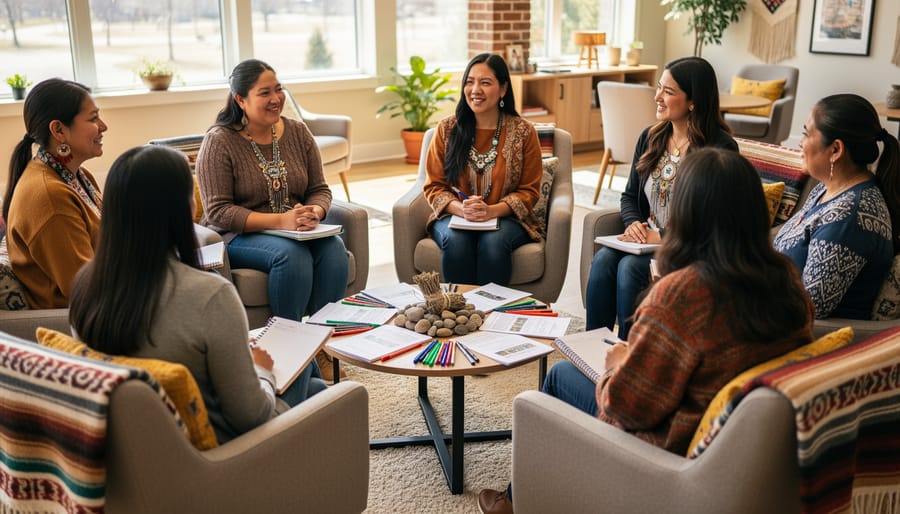 A facilitator leads an outdoor wellness training circle while holding dried herbs, with participants seated and listening attentively.