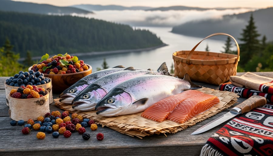 Fresh salmon and wild berries prepared on a cedar plank near river stones during a seasonal harvest.