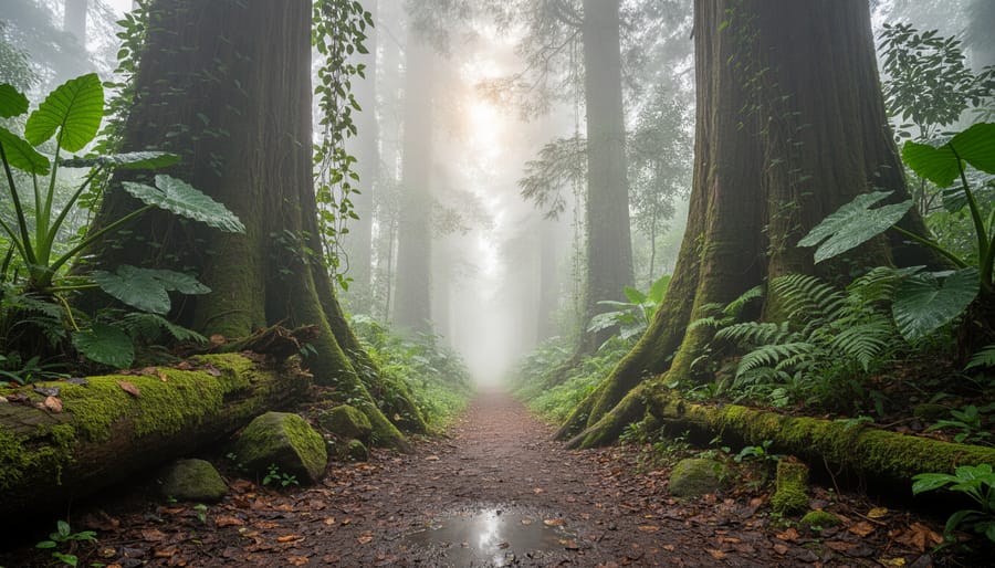 Misty coastal rainforest path with towering cedar and spruce trees, moss, and ferns in British Columbia