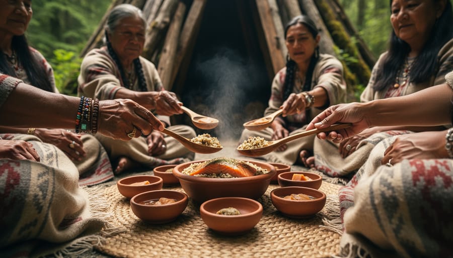 Indigenous adults seated in a circle sharing a steaming traditional meal during a Native wellness training, with cedar greenery and a wooden lodge softly blurred in the background.