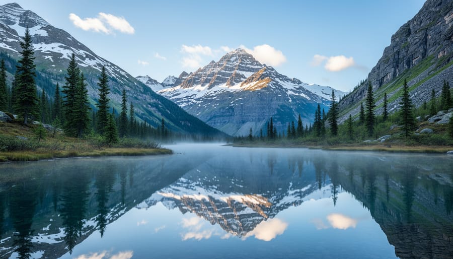Turquoise glacial lake reflecting mountains and mist in British Columbia