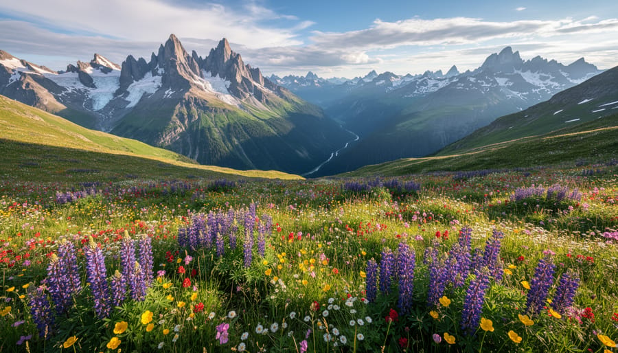 Wildflower alpine meadow with jagged mountain peaks and glacial valley under golden light in British Columbia