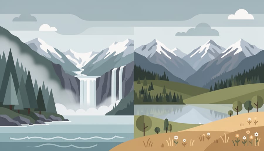 A unified landscape showing ocean, alpine meadow, and glacier ice representing British Columbia’s national parks