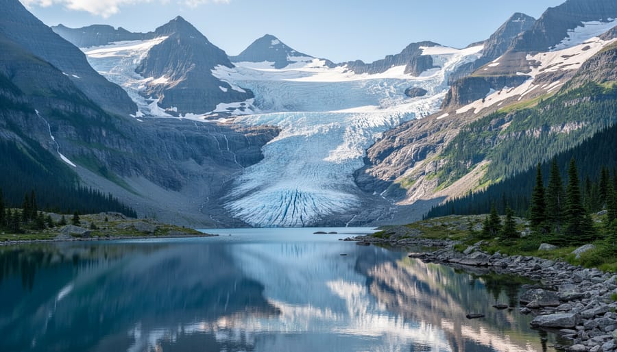 A mountaineer looking at towering glacier ice and steep alpine terrain in Glacier National Park