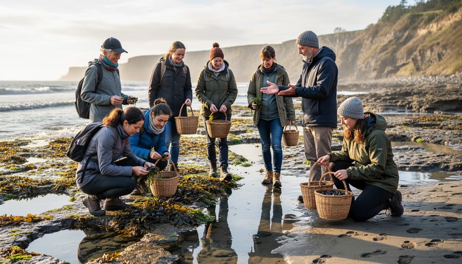 A traveler and an Indigenous guide foraging along the BC coast with a basket of fresh seaweed near the shoreline.