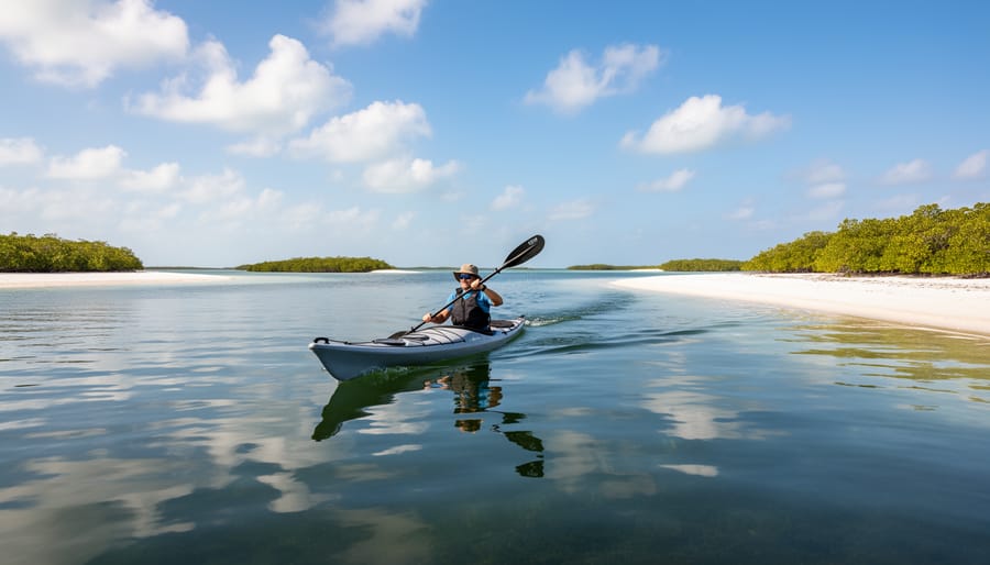 A kayaker on calm waters near Gulf Islands National Park Reserve with forested islands in the distance