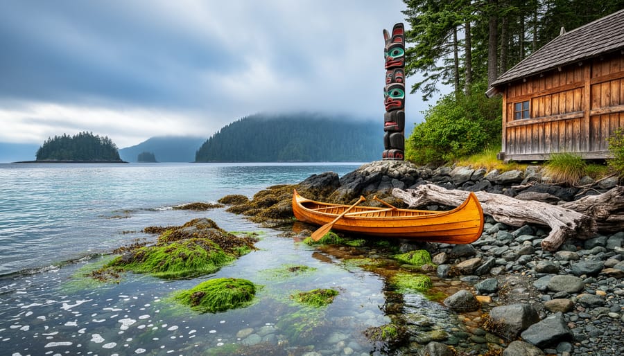 Visitors on a beach near a carved wooden post with calm coastal waters at Gwaii Haanas National Park Reserve