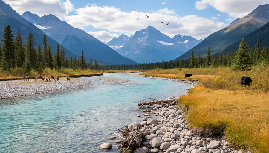 Wildlife near a river with mountain ridges and conifer forests in Kootenay National Park