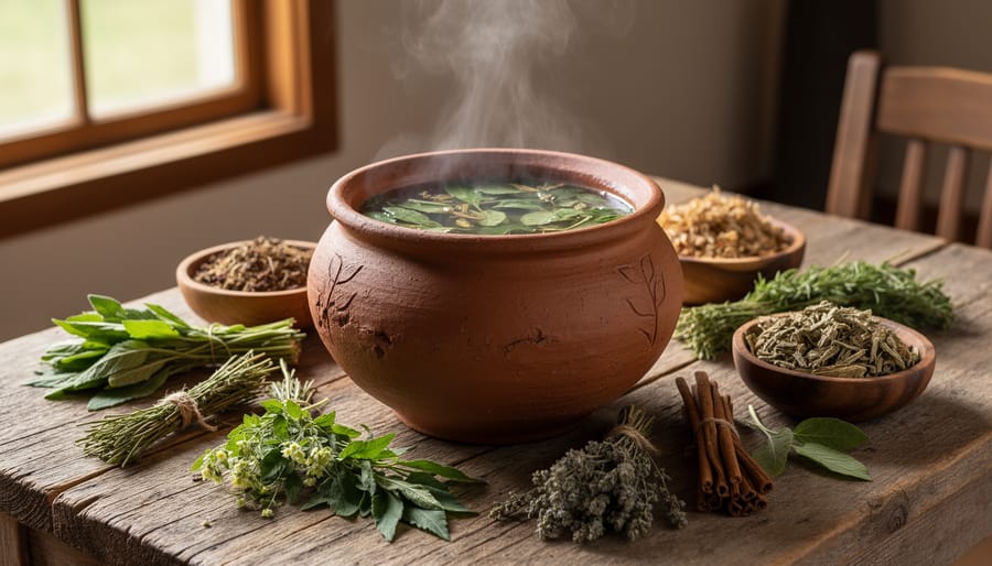 Clay pot brewing traditional Labrador tea with medicinal plant sprigs on a wooden surface outdoors.