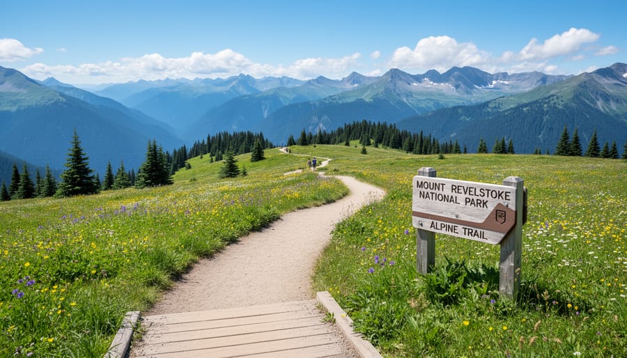 Hikers on a trail through a meadow with mountains and old-growth forest in the background at Mount Revelstoke National Park