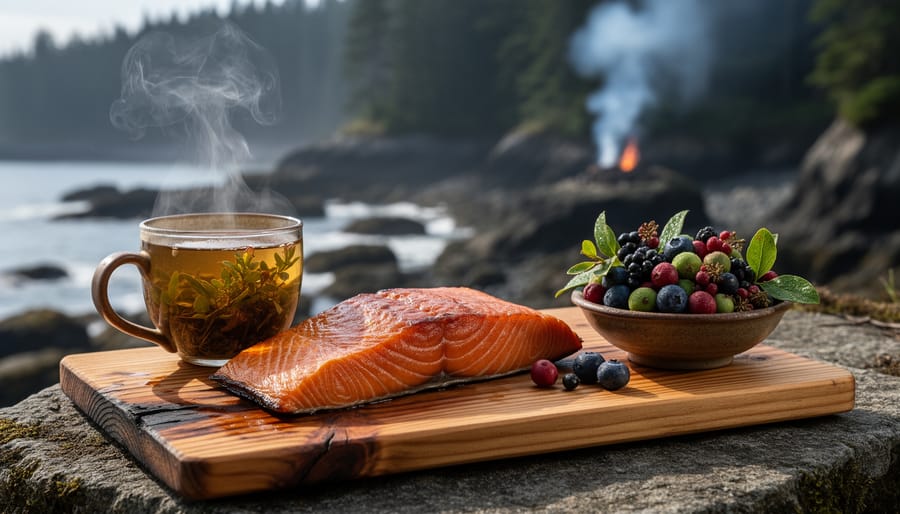 Smoked sockeye salmon with foraged berries and a steaming medicinal tea cup on a cedar platter, shot with a softly blurred coastal forest background.