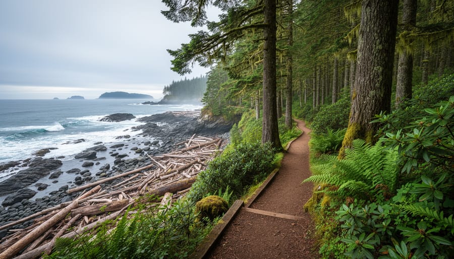A hiker on a rugged coastal trail overlooking the ocean at Pacific Rim National Park Reserve