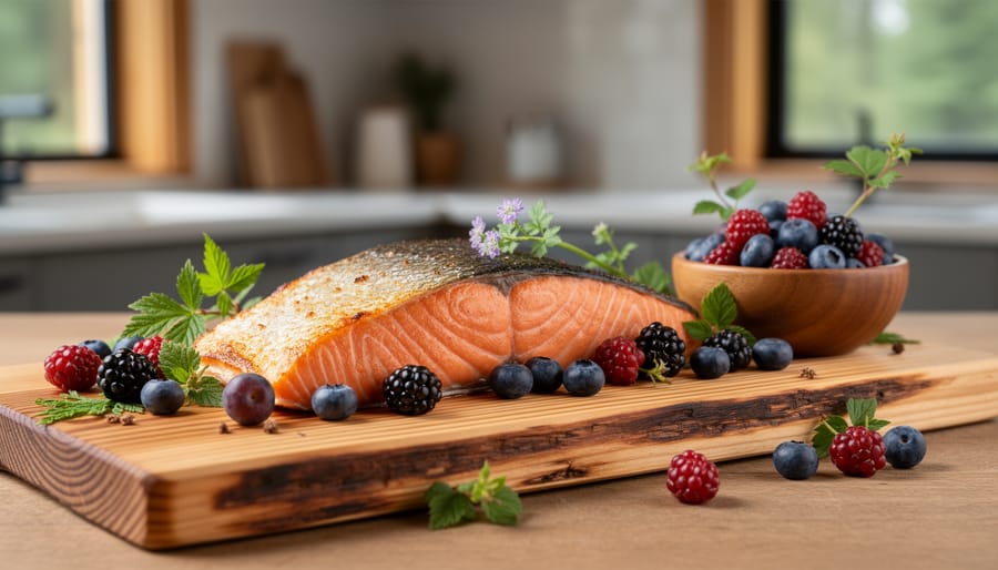 Salmon and wild berries served in a wooden bowl on a cedar plank in a misty British Columbia forest setting.