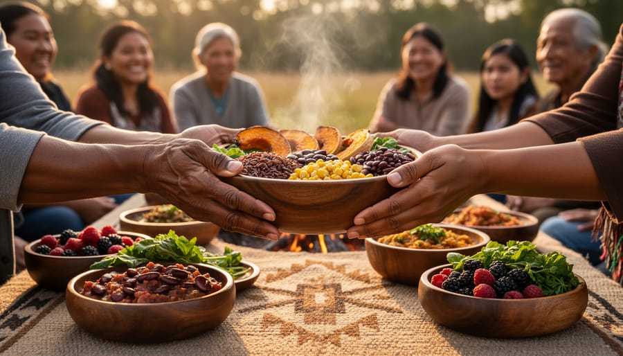 Hands offering traditional salmon roe and roasted wild greens onto carved bowls at a community food-sharing gathering.
