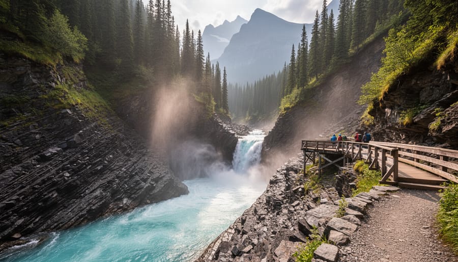 A waterfall cascading into a rocky gorge with mist and mountains behind at Yoho National Park