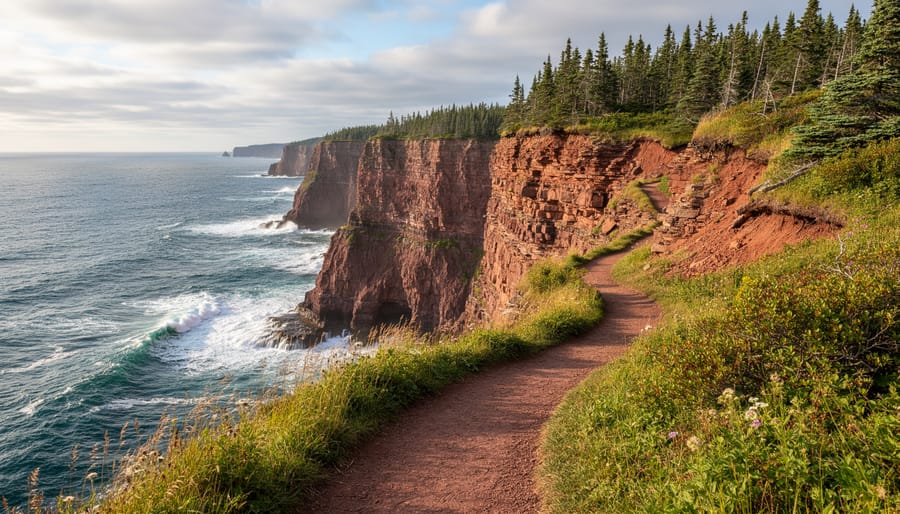 Coastal hiking trail along rugged cliffs with ocean in the background under soft overcast light.