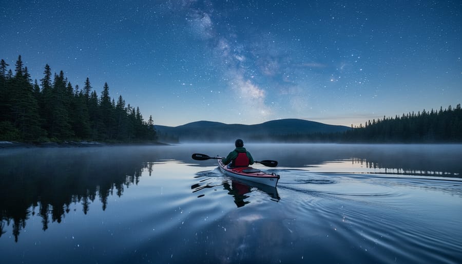 Canoe on a quiet dark lake with gentle ripples and a forested shoreline in soft misty light.