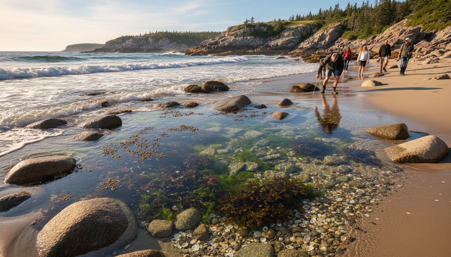 Person near tide pools on a rocky coastal beach with ocean waves under late-afternoon side lighting.