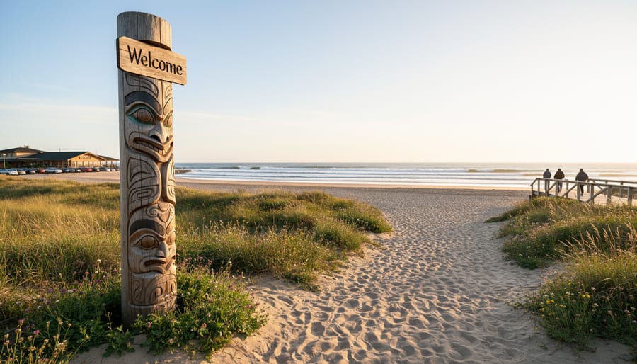 Carved welcome pole beside a coastal trail with ocean water and evergreens in the background.
