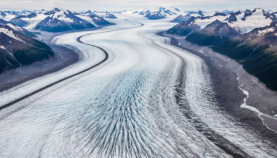 View from an airplane window over Kluane’s icefields and glaciers with mountains in the distance