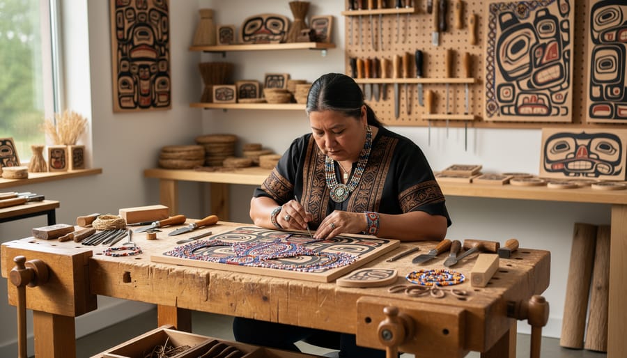 Haida artist carving a small wooden object in a workshop with traditional tools.