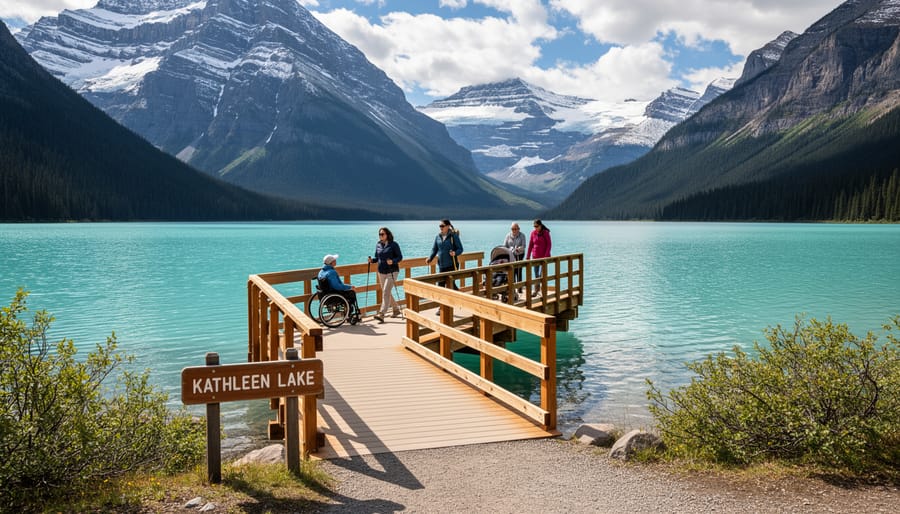 Person in a wheelchair on a wooden boardwalk near Kathleen Lake with mountains in the distance