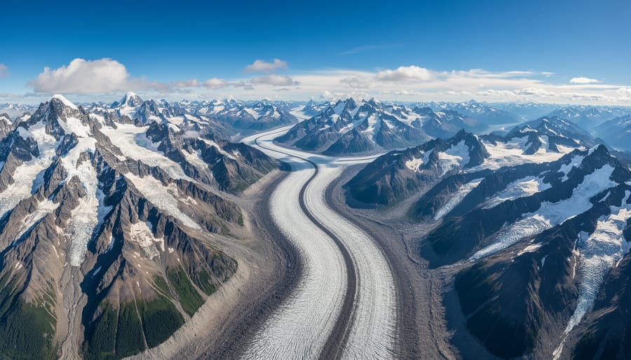 Wide landscape view of Mount Logan and distant icefields under an overcast sky in Kluane National Park and Reserve