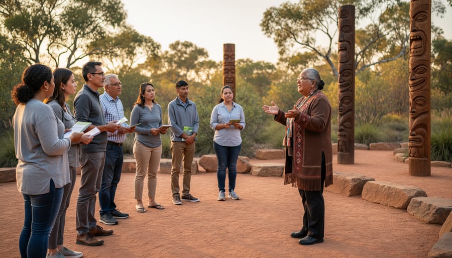 A presenter and travelers participate in an Indigenous-led gathering with ceremonial items prepared on a tray.