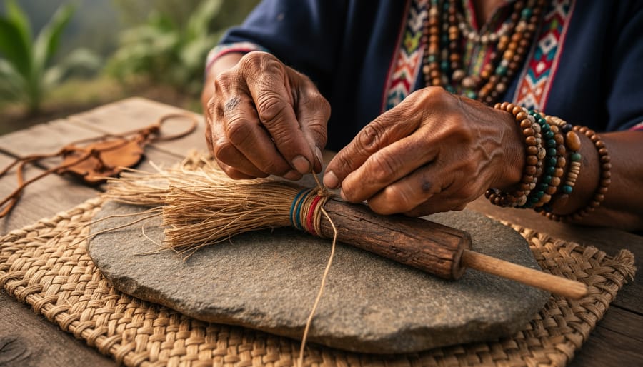 Close-up of hands weaving natural fiber strands during an Indigenous craft practice
